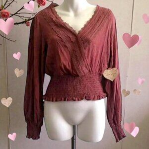 NWT Self Esteem Boho Blouse | Lace Trim Smocked Waist Top | Size M
